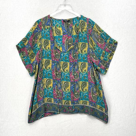 TOLANI Silk Tunic Top Womens XS Paisley Checker Print Tie V Neck Short Sleeve - Picture 1 of 14